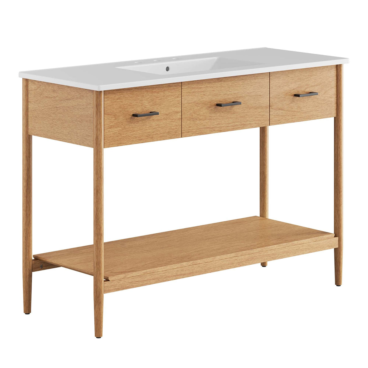 Zaire single sink vanity by Modway in natural oak with white countertop and three doors on Tampa Home & Garden Store