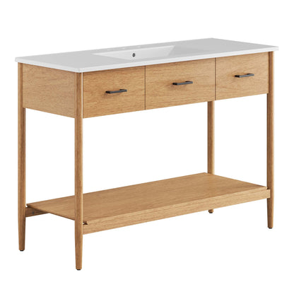 Zaire single sink vanity by Modway in natural oak with white countertop and three doors on Tampa Home & Garden Store