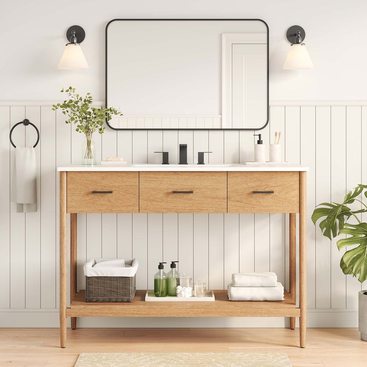 Zaire single sink vanity by Modway; wood base, white countertop, black faucet, rounded mirror on Tampa Home & Garden Store