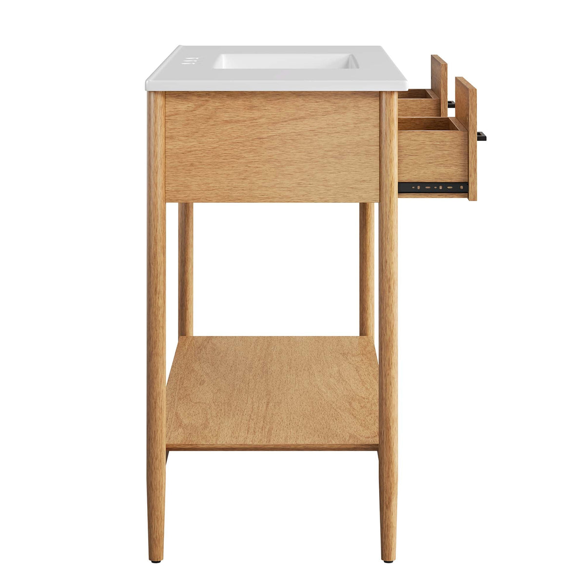 Zaire single sink bathroom vanity by Modway in oak wood with white countertop and sliding drawer on Tampa Home & Garden Store