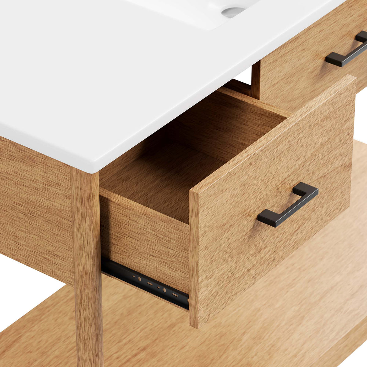 Zaire single sink vanity by Modway, oak wood table vanity with white countertop and open drawer on Tampa Home & Garden Store
