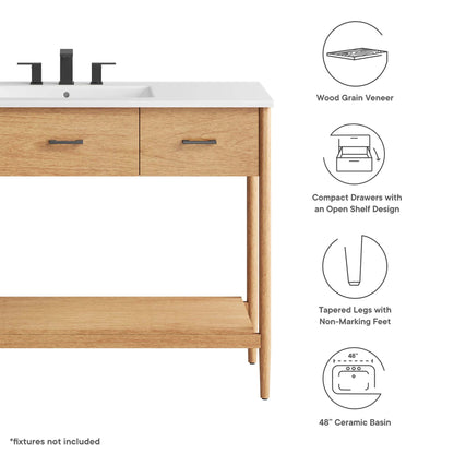 Zaire single sink vanity with white counter, natural wood veneer cabinet, and black faucet on Tampa Home & Garden Store