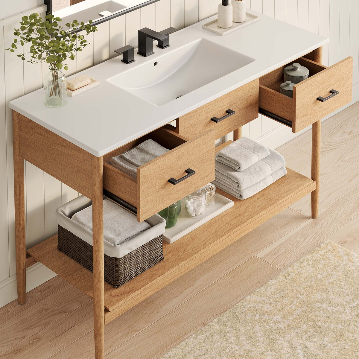 Zaire single sink vanity by Modway white top with black faucet natural wood cabinet on Tampa Home & Garden Store