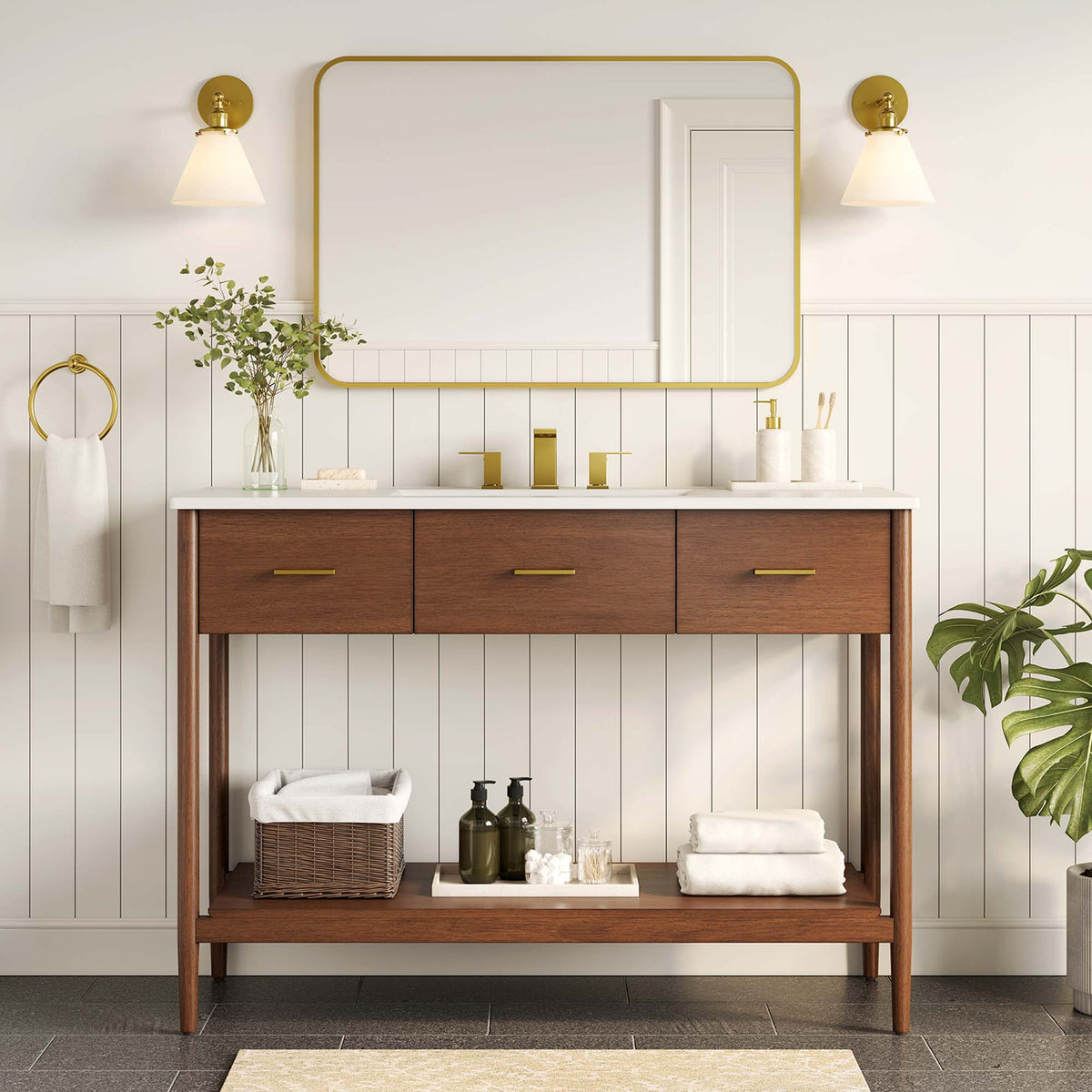 Zaire Single Sink Bathroom Vanity with walnut wood base, white countertop, gold hardware on Tampa Home & Garden Store