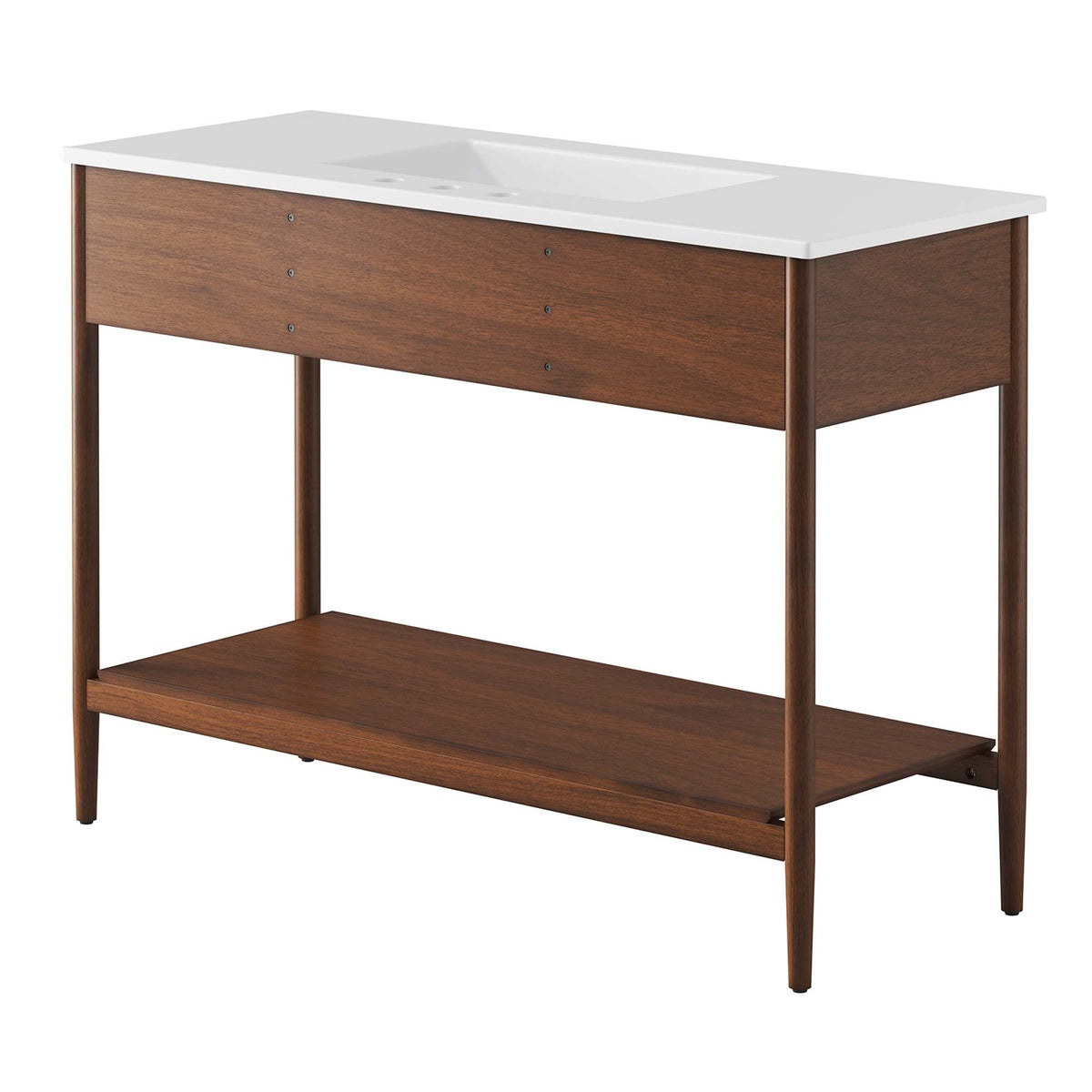 Zaire Single Sink Table Vanity with white countertop and warm wood base on Tampa Home & Garden Store