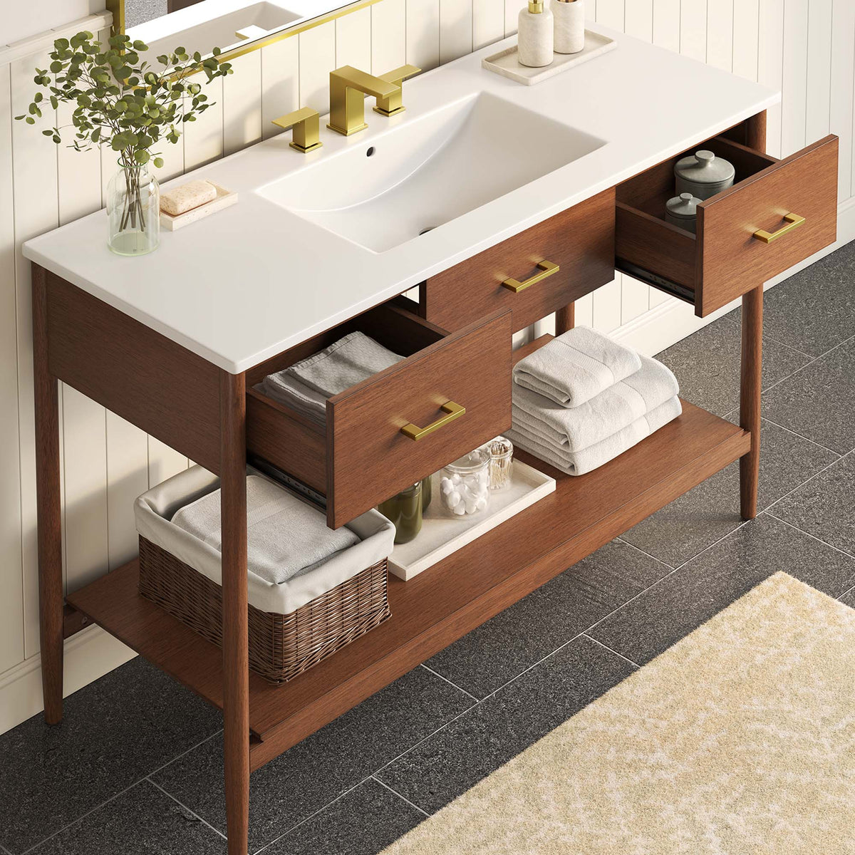 Zaire Single Sink Vanity by Modway, wooden table vanity with white countertop and brass hardware on Tampa Home & Garden Store