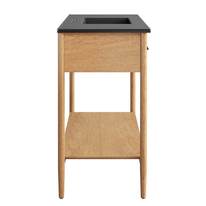 Zaire Single Sink Table Vanity in light oak wood with black countertop on Tampa Home & Garden Store