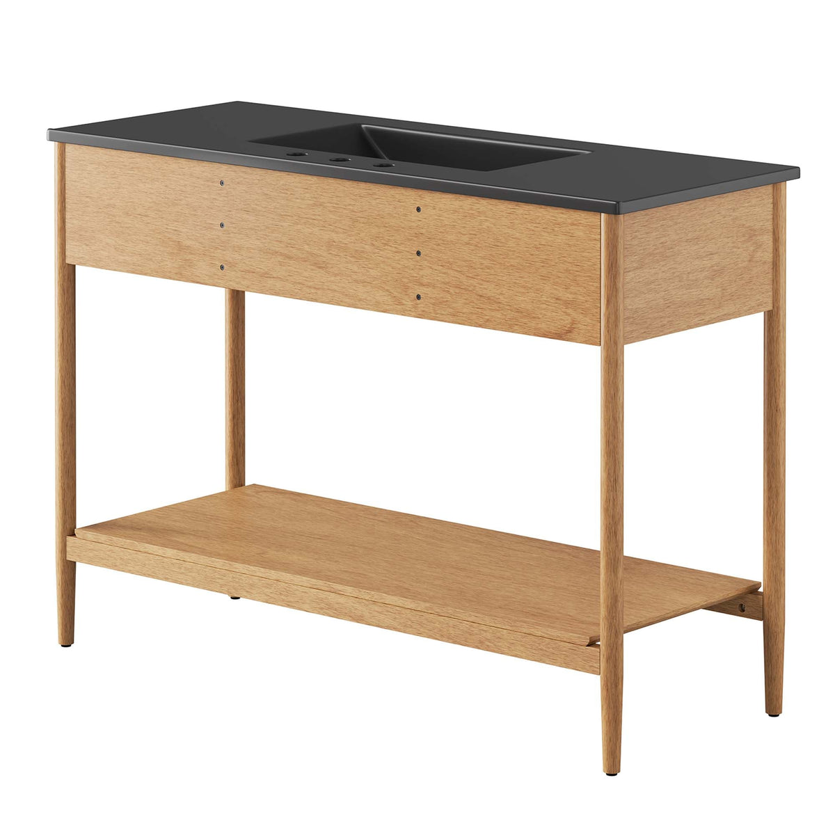 Zaire single sink bathroom vanity by HouseOfZazla with dark countertop and natural oak table base on Tampa Home & Garden Store
