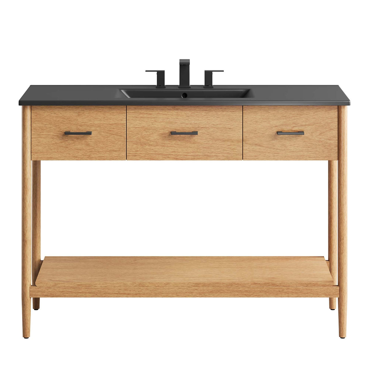 Zaire single sink bathroom vanity natural wood with matte black countertop and faucet on Tampa Home & Garden Store