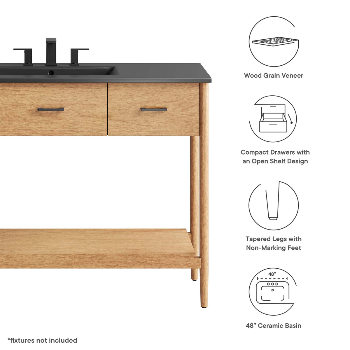 Zaire Single Sink Vanity by Modway, table vanity in wood grain veneer with black countertop on Tampa Home & Garden Store