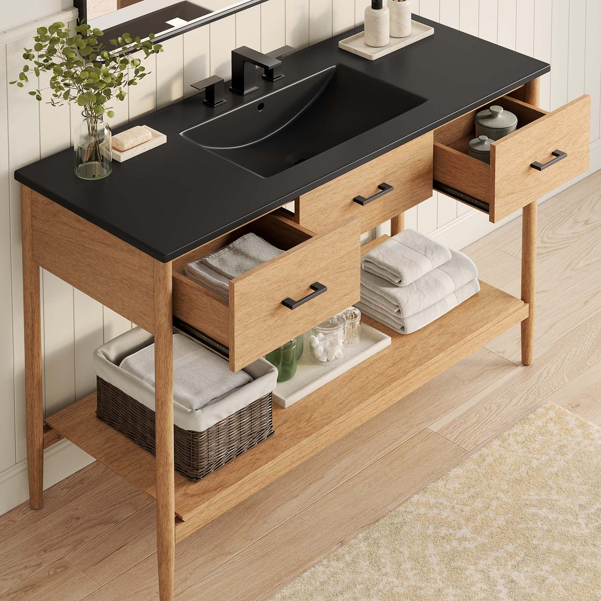 Zaire Single Sink Bathroom Vanity by Modway, black countertop and natural wood table vanity on Tampa Home & Garden Store