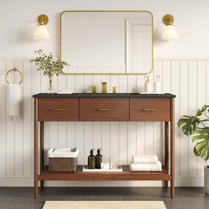 Zaire single sink vanity by HouseOfZazla, dark wood base with black top and gold hardware on Tampa Home & Garden Store