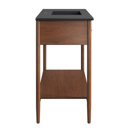 Zaire single sink bathroom vanity with dark countertop and warm wood cabinet on Tampa Home & Garden Store