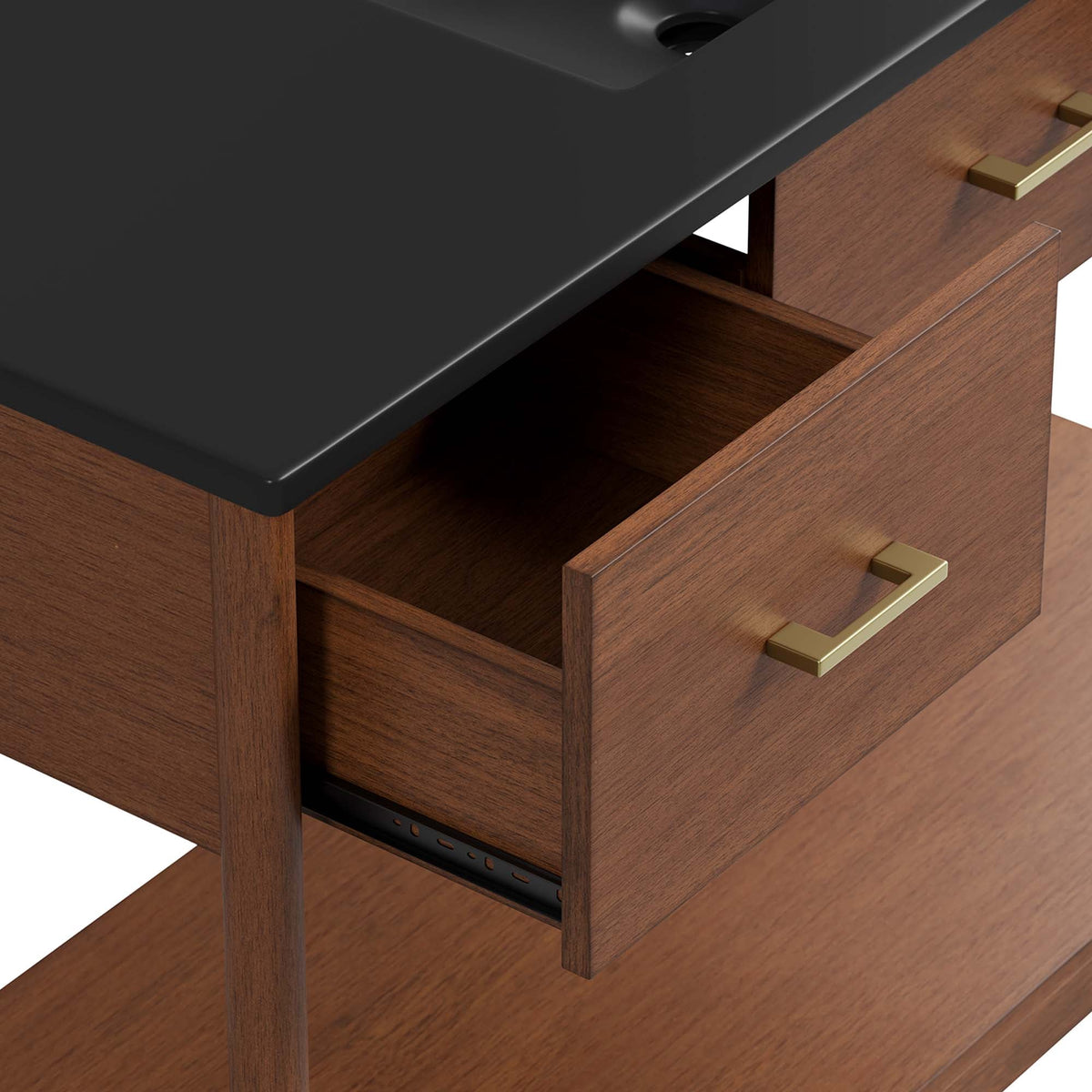Zaire single sink vanity by Modway, walnut wood table vanity with brass hardware on Tampa Home & Garden Store