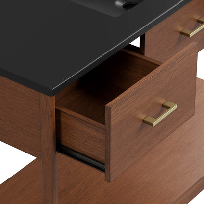 Zaire single sink vanity by Modway, walnut wood table vanity with brass hardware on Tampa Home & Garden Store