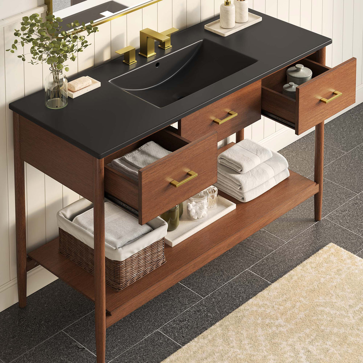Zaire Single Sink Vanity by Modway, countertop with gold faucet on wood base table vanity on Tampa Home & Garden Store