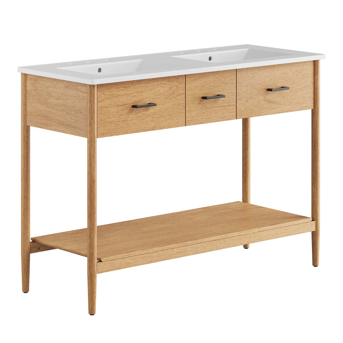 Zaire double sink vanity by Modway, oak wood table vanity with white countertop and basins on Tampa Home & Garden Store