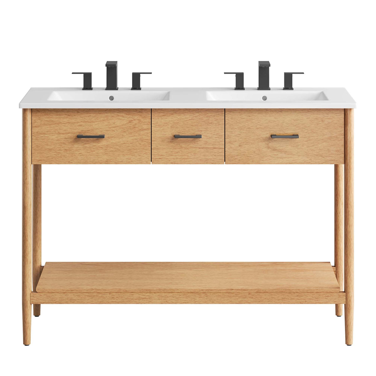 Zaire Double Sink Vanity with oak base and black square faucets, 2 sinks on Tampa Home & Garden Store