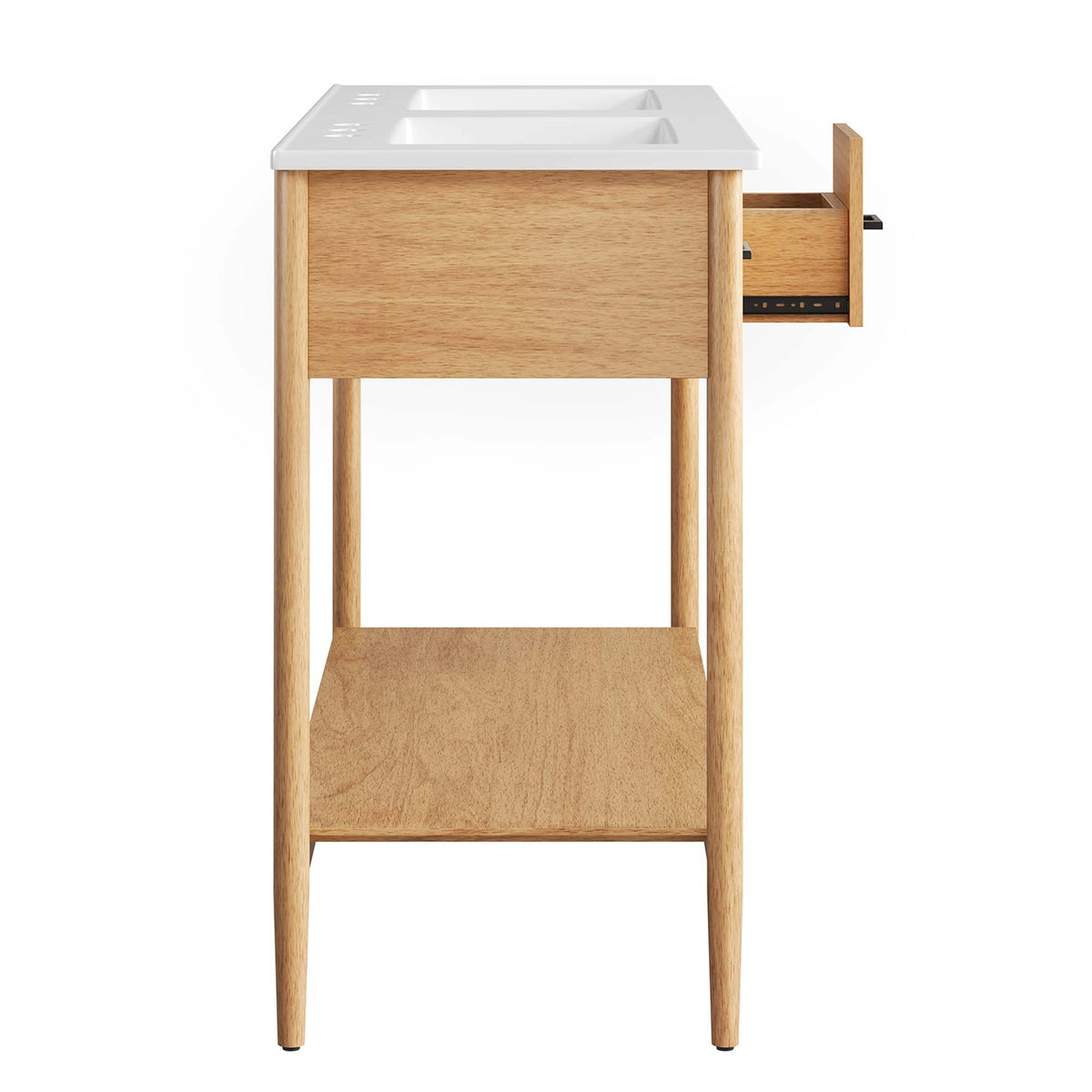 Zaire Double Sink Vanity natural oak table with white countertop and twin sinks on Tampa Home & Garden Store