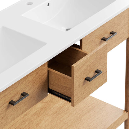 Zaire Double Sink Vanity white countertop with two basins and light oak drawers on Tampa Home & Garden Store