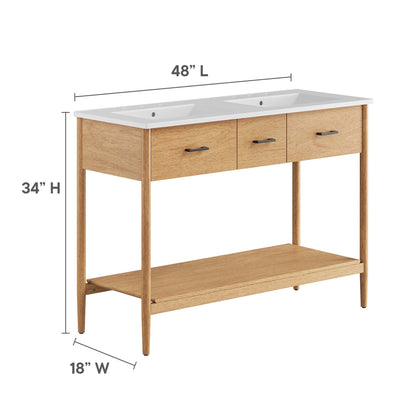 Zaire Double Sink Vanity by Modway natural oak wood base with white countertop, 2 sinks, 48in L on Tampa Home & Garden Store