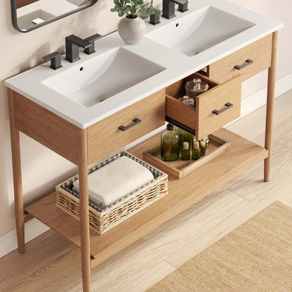 Zaire Double Sink Vanity by Modway, white countertop table vanity with oak drawers and black faucets on Tampa Home & Garden Store