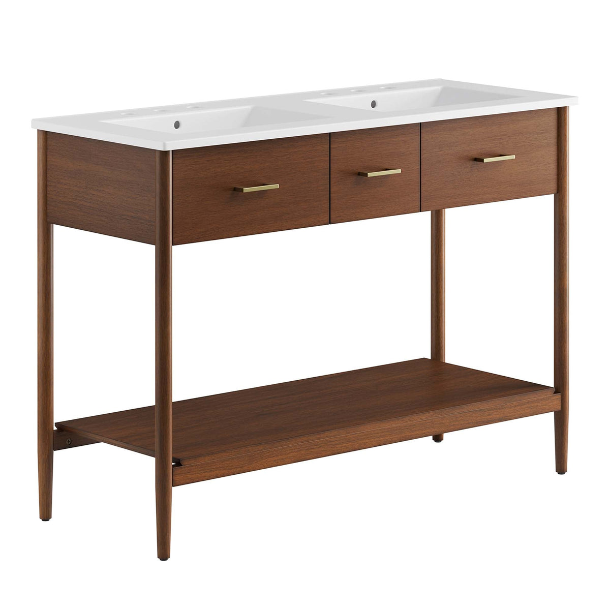 Zaire Double Sink Table Vanity with white countertop, walnut cabinet, two sinks, brass handles on Tampa Home & Garden Store