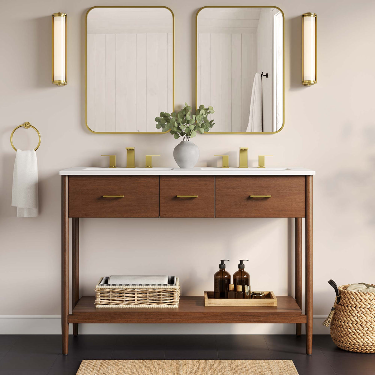 Zaire Double Sink Bathroom Vanity by Modway wood vanity white countertop gold hardware twin mirrors on Tampa Home & Garden Store