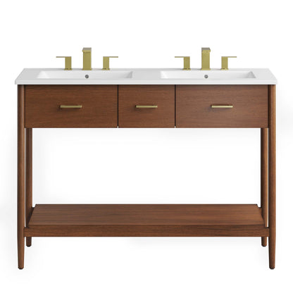 Zaire dual-sink vanity by HouseOfZazla with white sinks and gold fixtures on warm wood cabinet on Tampa Home & Garden Store