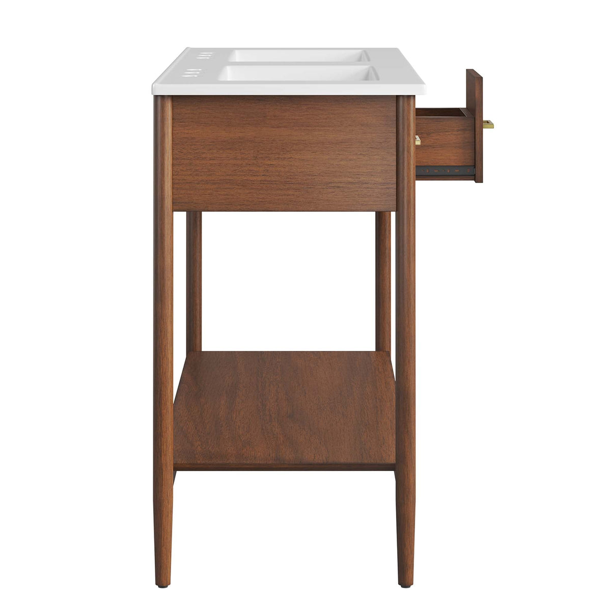Zaire Double Sink Table Vanity with white countertop and two sinks in walnut frame on Tampa Home & Garden Store