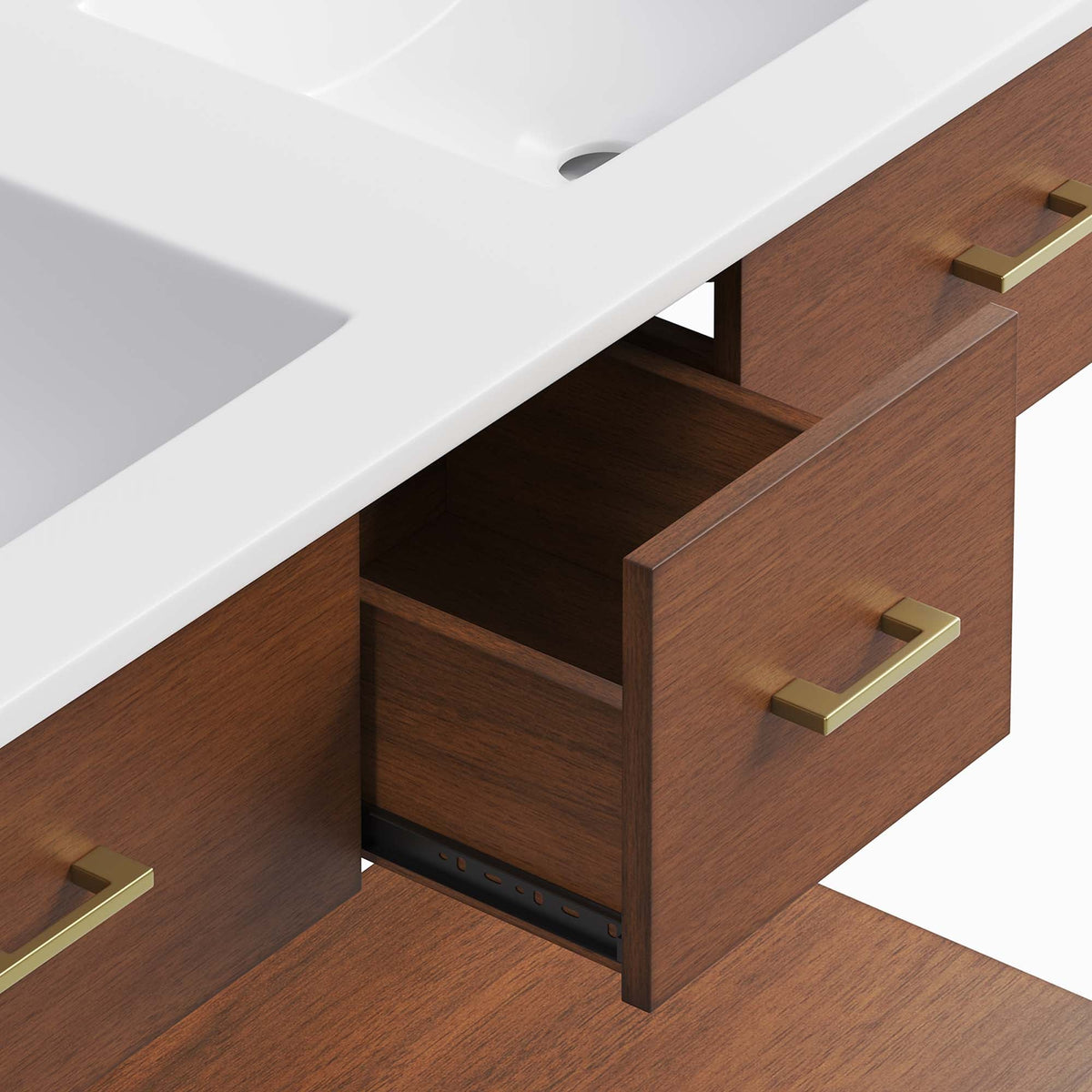 Zaire Double Sink Vanity by Modway with white countertop and wood cabinet gold bar pulls on Tampa Home & Garden Store