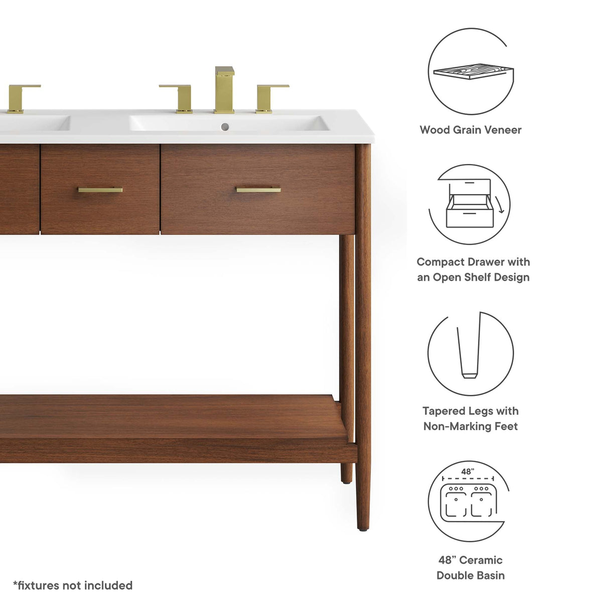Zaire Double Sink Vanity by Modway, wood veneer with white countertop and gold faucets on Tampa Home & Garden Store