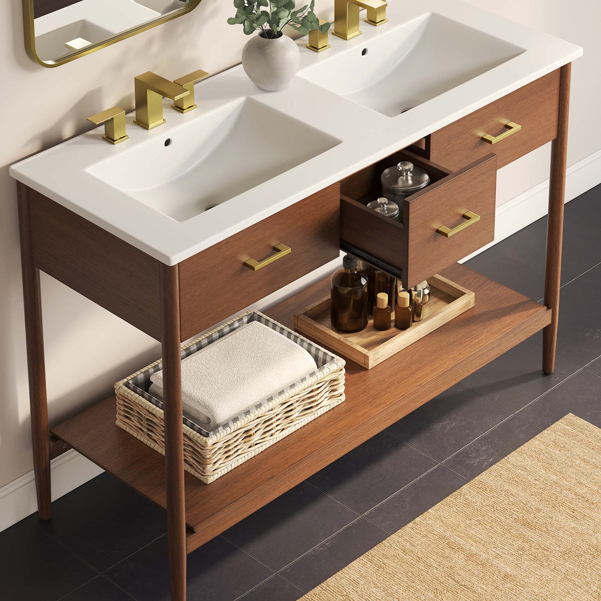 Zaire Double Sink Vanity by Modway, white top, gold fixtures, wood base on Tampa Home & Garden Store