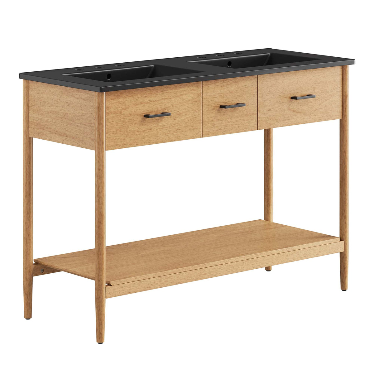 Zaire double sink bathroom vanity with light oak finish and black countertop, dual sinks on Tampa Home & Garden Store