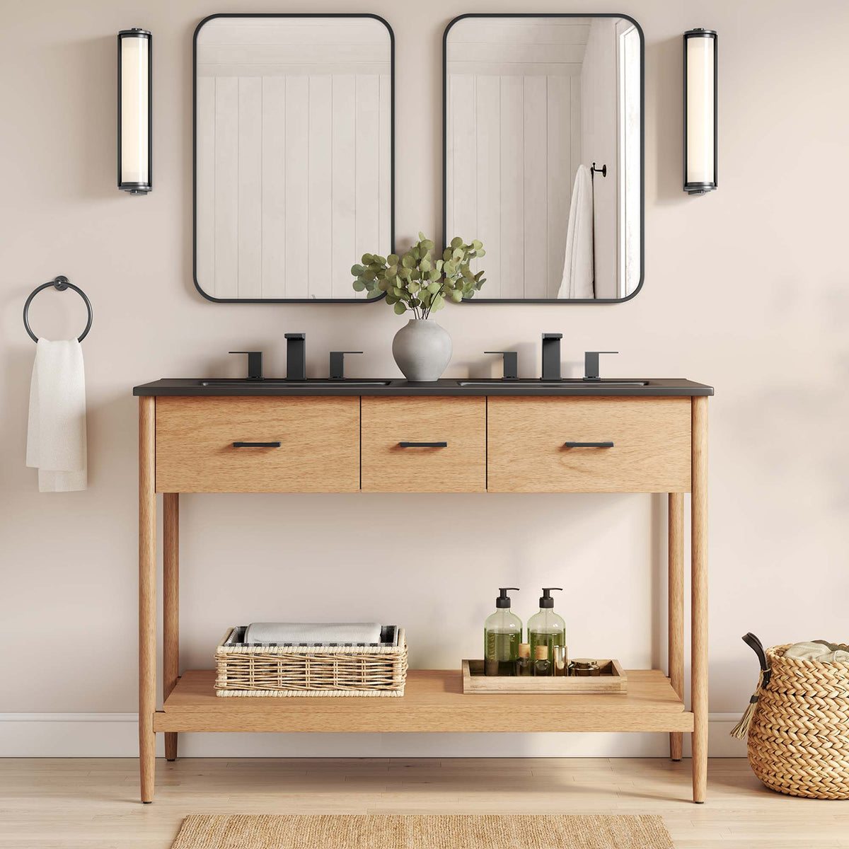 Zaire double sink vanity by Modway, wood table vanity with black countertop on Tampa Home & Garden Store