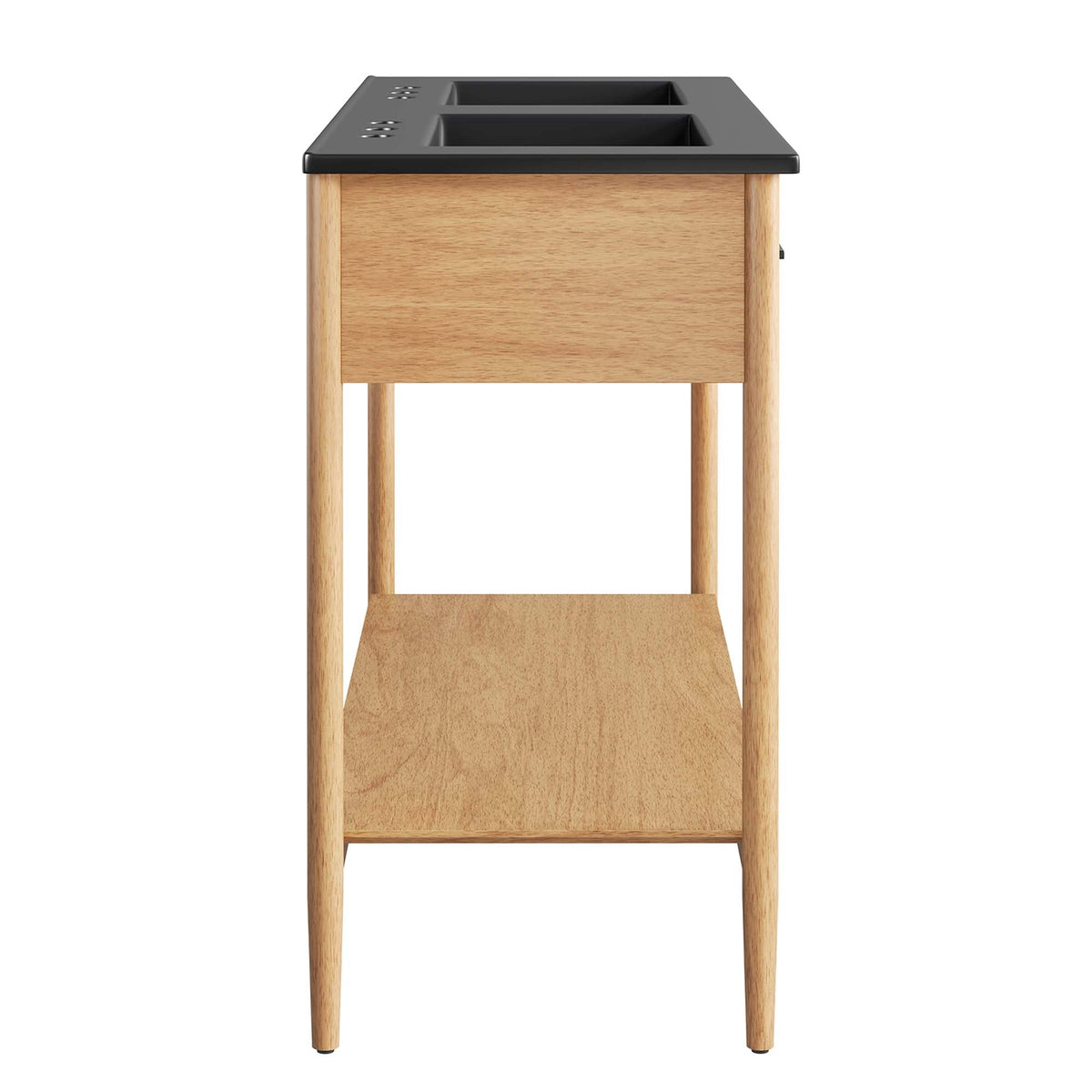 Zaire Double Sink Vanity with black countertop and natural wood table cabinet, two sinks on Tampa Home & Garden Store