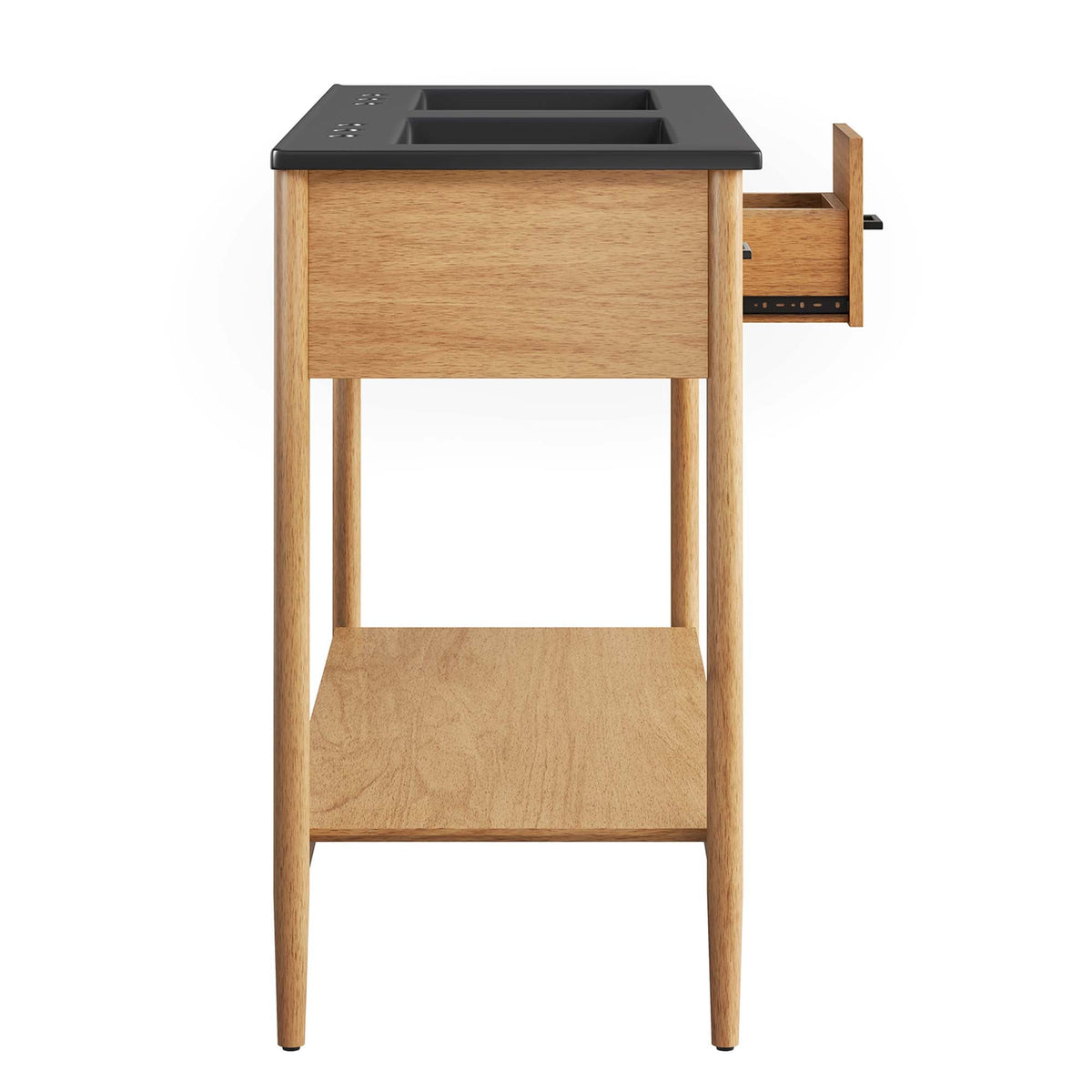 Zaire Double Sink vanity with natural wood frame and dark countertop, dual sinks on Tampa Home & Garden Store