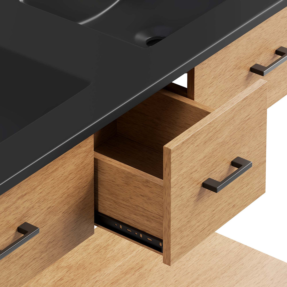 Zaire double sink vanity with dark countertop and natural wood drawers by HouseOfZazla on Tampa Home & Garden Store