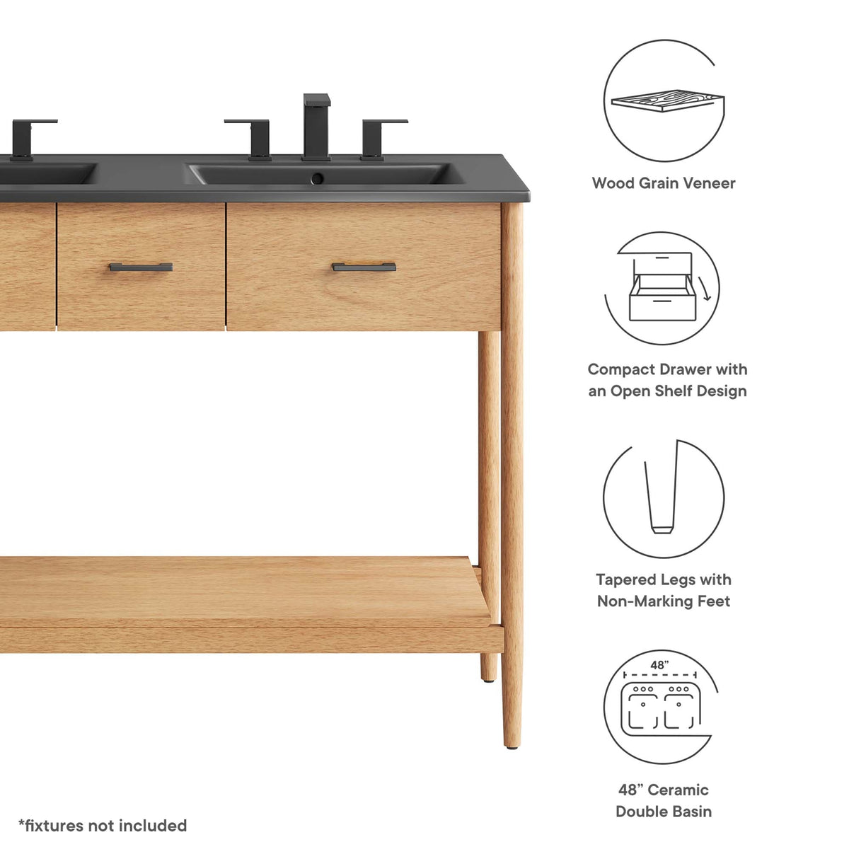 Zaire Double Sink Vanity by Modway, wood grain veneer table vanity with gray countertop on Tampa Home & Garden Store