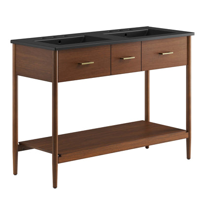 Zaire double sink bathroom vanity with black countertop and wood cabinet brass handles on Tampa Home & Garden Store