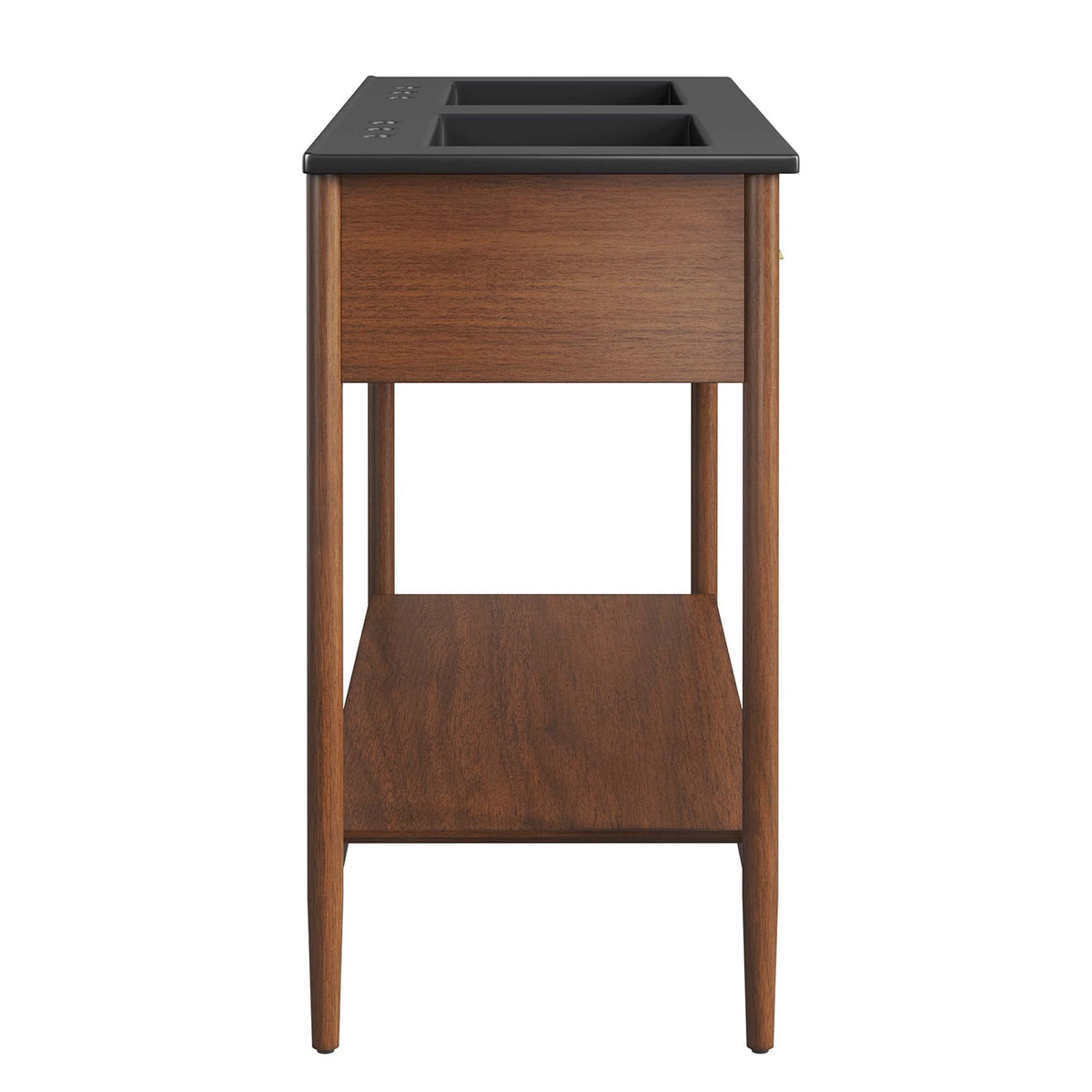 Zaire Double Sink Vanity by Modway, black countertop with dual sinks in warm wood on Tampa Home & Garden Store
