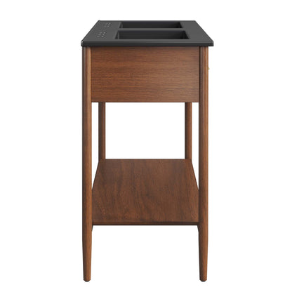 Zaire Double Sink Vanity by Modway, black countertop with dual sinks in warm wood on Tampa Home & Garden Store