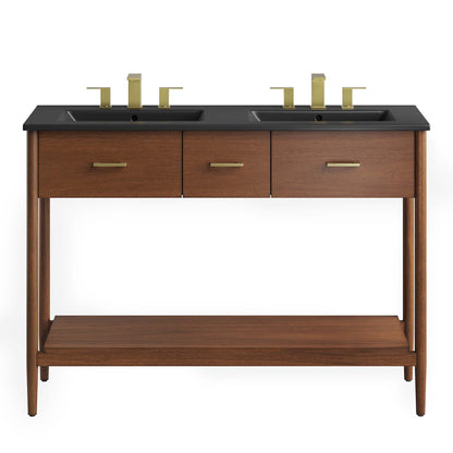 Zaire Double Sink Table Vanity with black countertop and gold hardware on warm wood base on Tampa Home & Garden Store