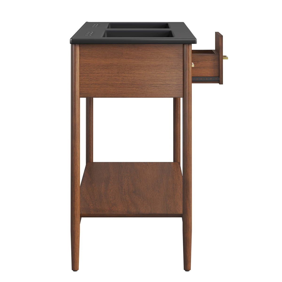 Zaire double sink vanity by Modway with black countertop and two sinks on warm wood table on Tampa Home & Garden Store