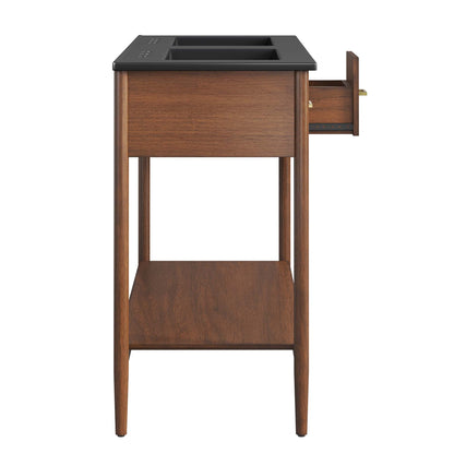 Zaire double sink vanity by Modway with black countertop and two sinks on warm wood table on Tampa Home & Garden Store