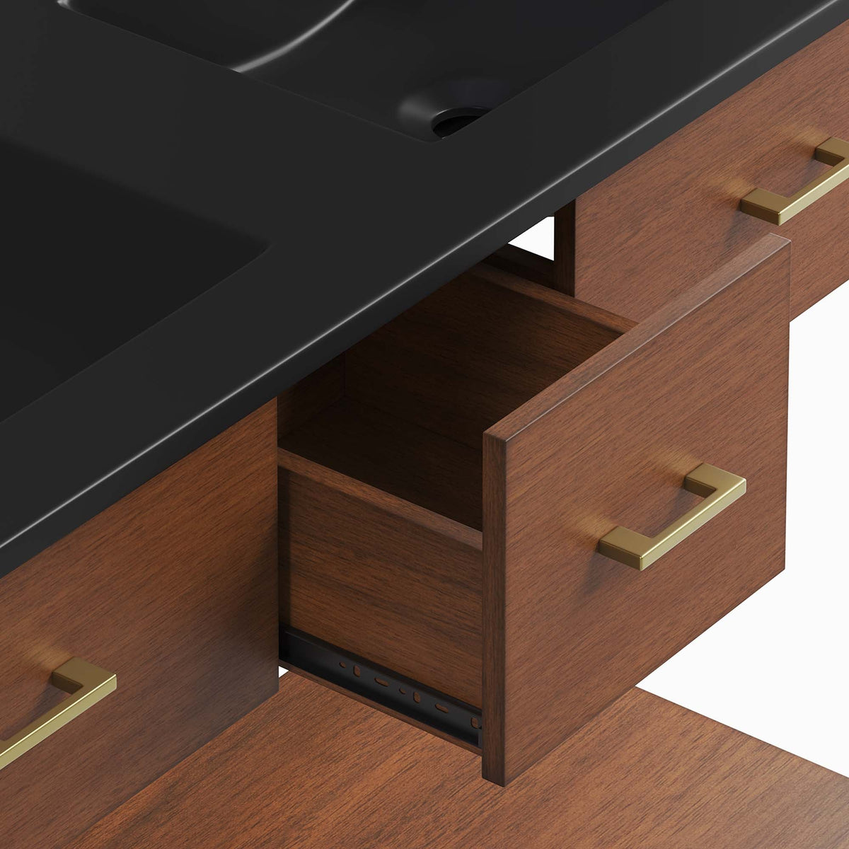 Zaire Double Sink Vanity by Modway, black countertop with warm wood drawers and gold handles on Tampa Home & Garden Store