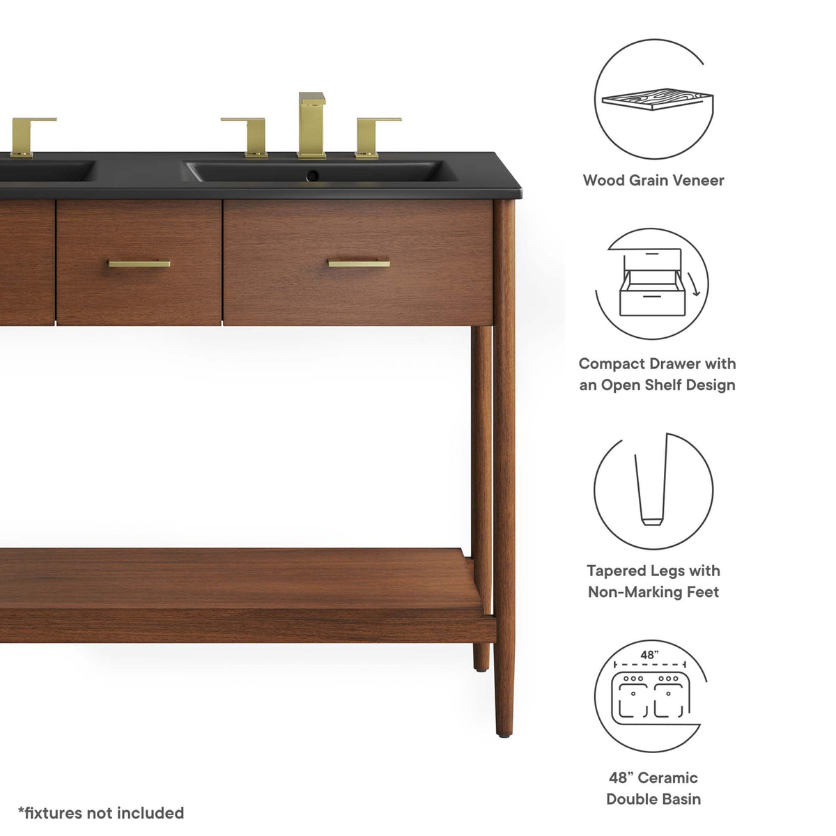 Zaire Double Sink Vanity with charcoal countertop, brass faucets, and warm wood veneer base on Tampa Home & Garden Store
