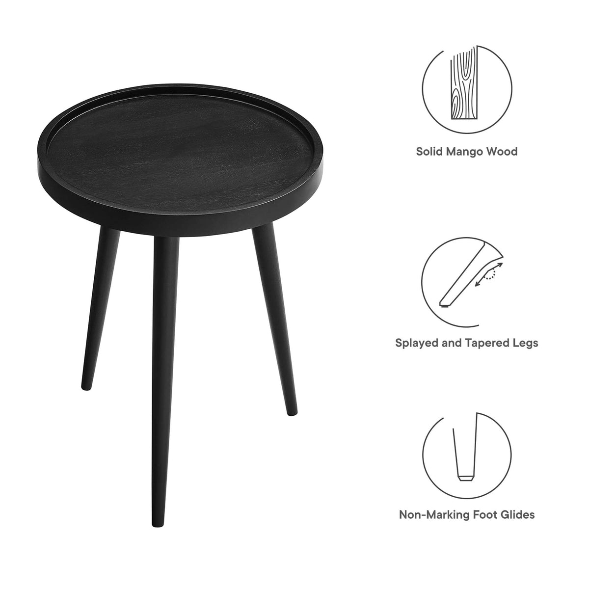 Chiro Round Wood Side Table by Modway, black solid mango wood, three splayed legs on Tampa Home & Garden Store