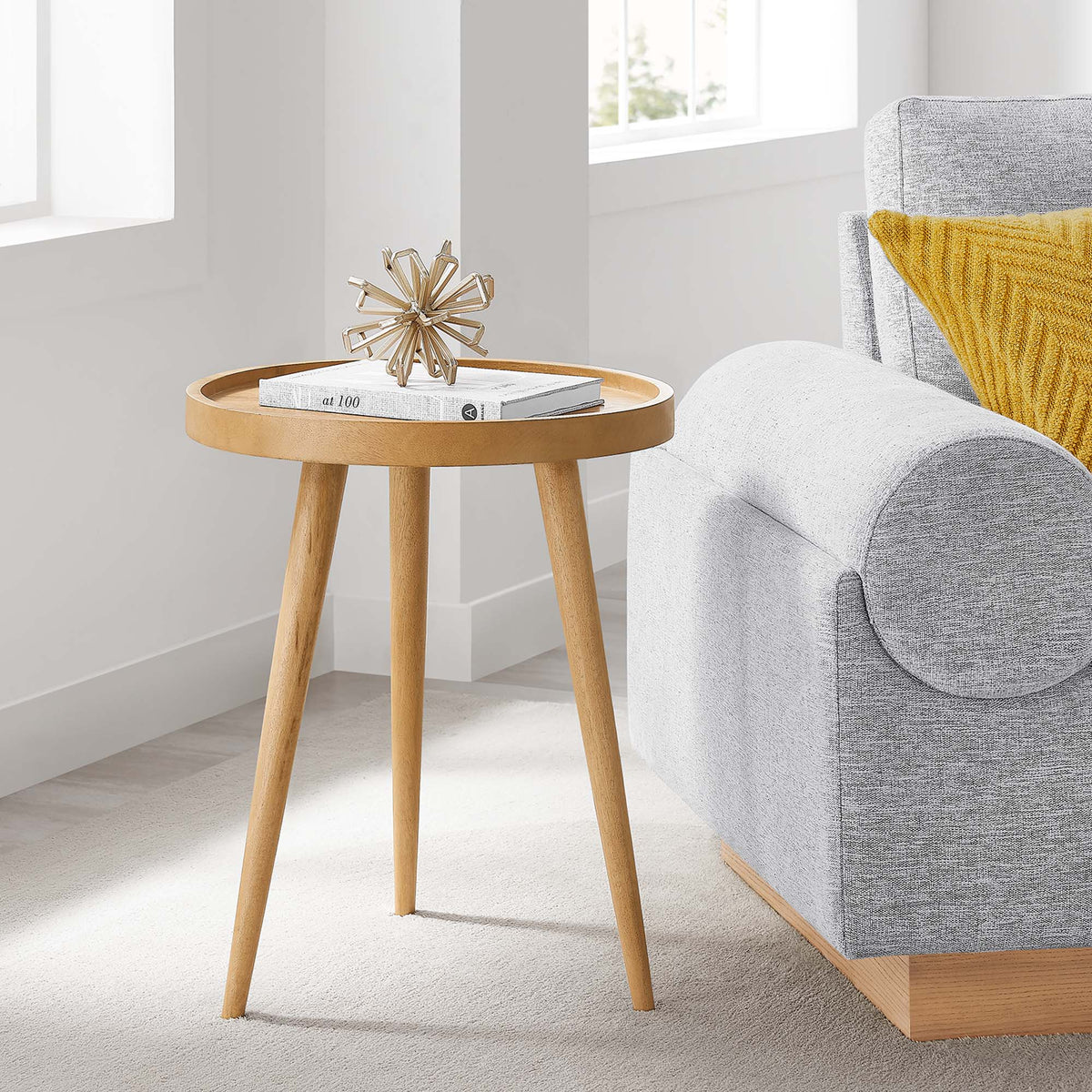 Chiro Round Wood Side Table with natural wood finish and tripod legs on Tampa Home & Garden Store
