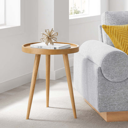 Chiro Round Wood Side Table with natural wood finish and tripod legs on Tampa Home & Garden Store